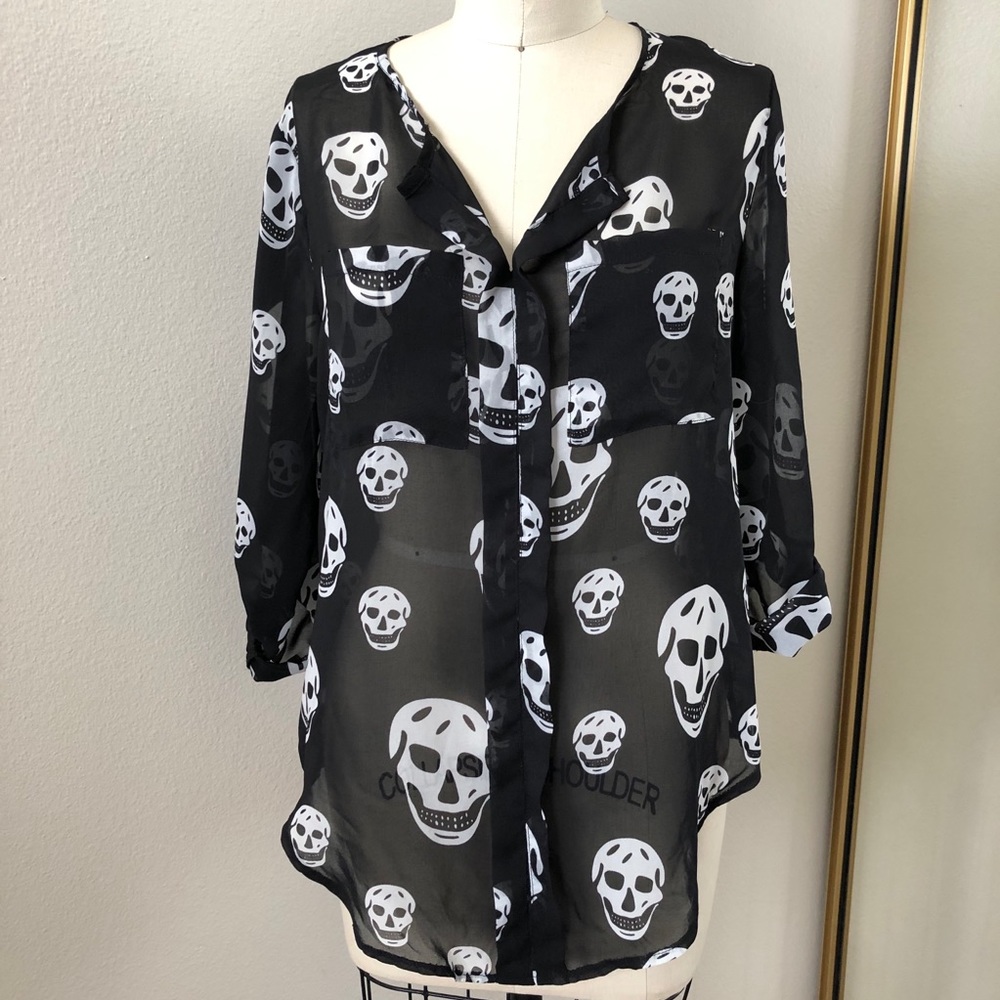Black and White Skull Print Sheer Blouse, Medium